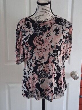 Floral Short Sleeve Women's Top - Pink/Black